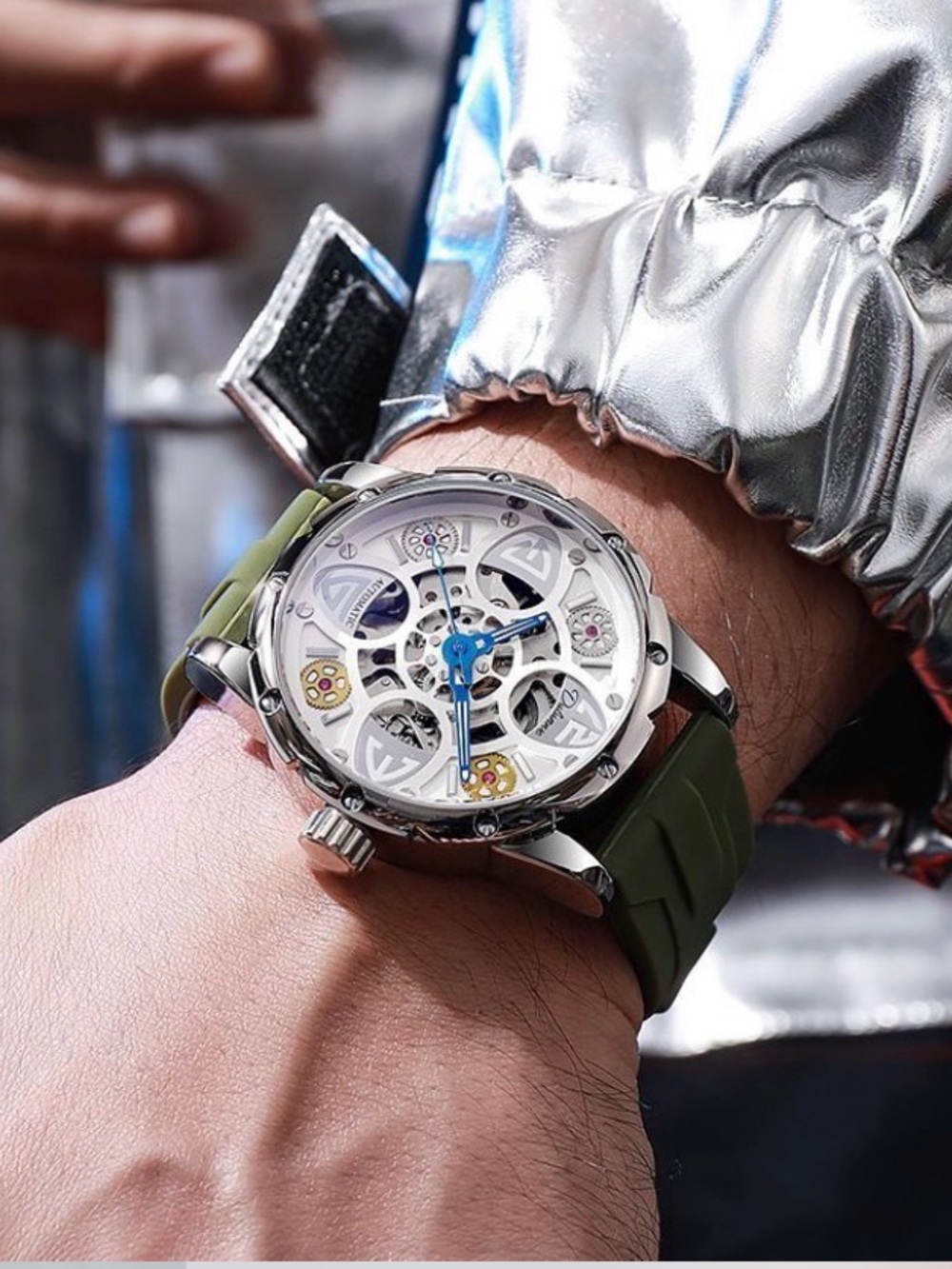 Men's Skeleton Watch with Olive Green Silicone Strap and Stainless Case